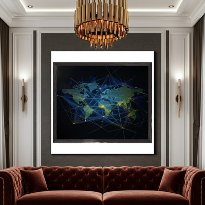 3D Digital World Map Wall Art - Neon Green & Blue Global Connectivity