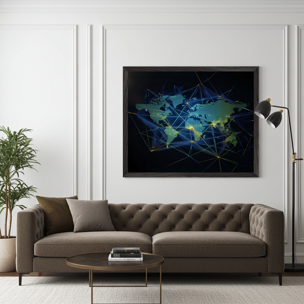 3D Digital World Map Wall Art - Neon Green & Blue Global Connectivity