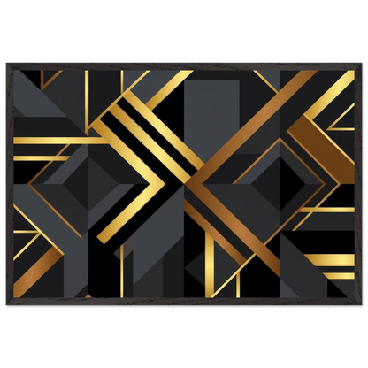 A rectangular abstract art print featuring a modern geometric design with black, dark gray, and metallic gold stripes, lines, and diamond shapes, presented on a clean white background.