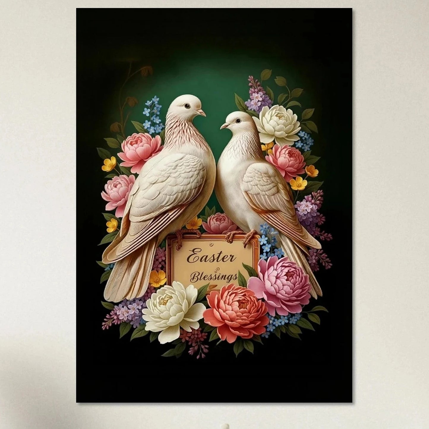 Two white doves perched above an "Easter Blessings" sign surrounded by pink and white roses.