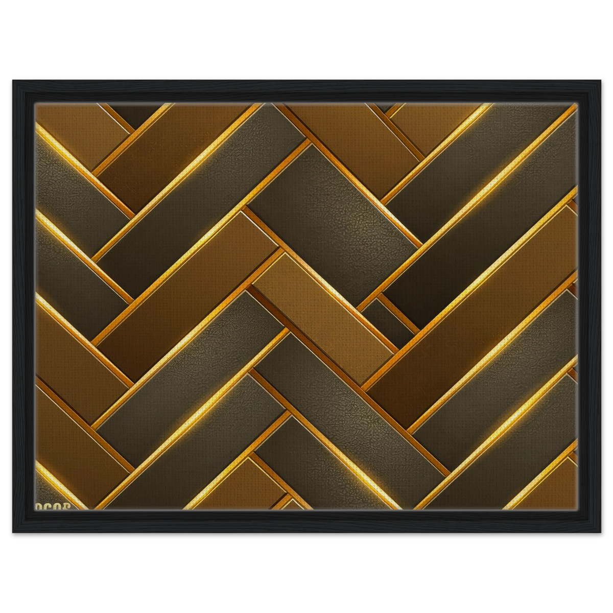 Framed wall art featuring a geometric herringbone pattern in metallic gold and dark bronze tones, enclosed in a black frame against a white background.