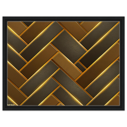 Framed wall art featuring a geometric herringbone pattern in metallic gold and dark bronze tones, enclosed in a black frame against a white background.