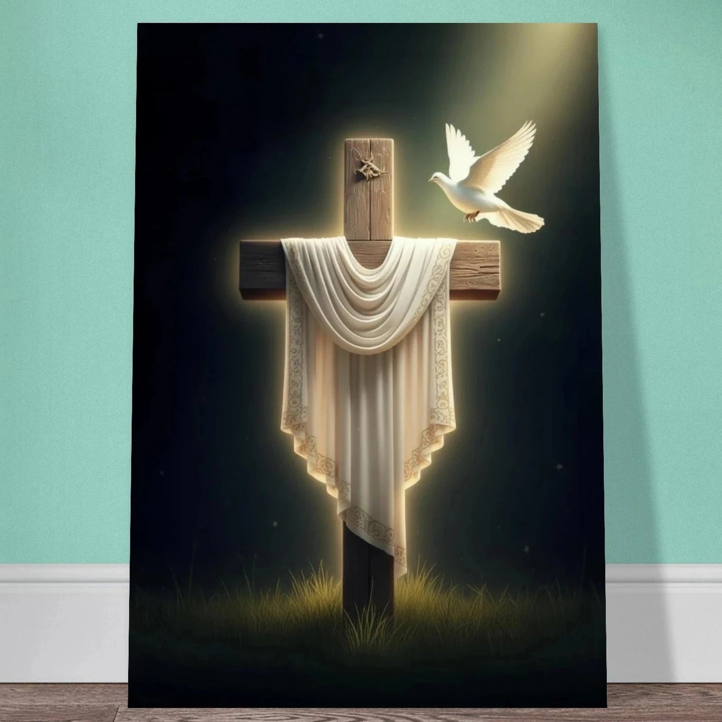 A wooden cross draped in white cloth with a glowing white dove flying above it.