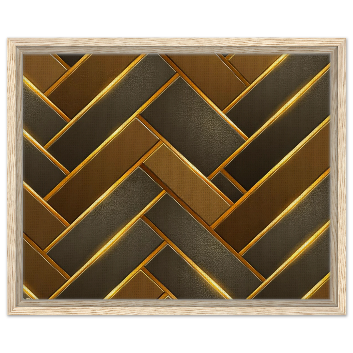 Framed wall art featuring a geometric herringbone pattern in metallic gold and dark gray tones, enclosed in a light natural wood frame against a white background.