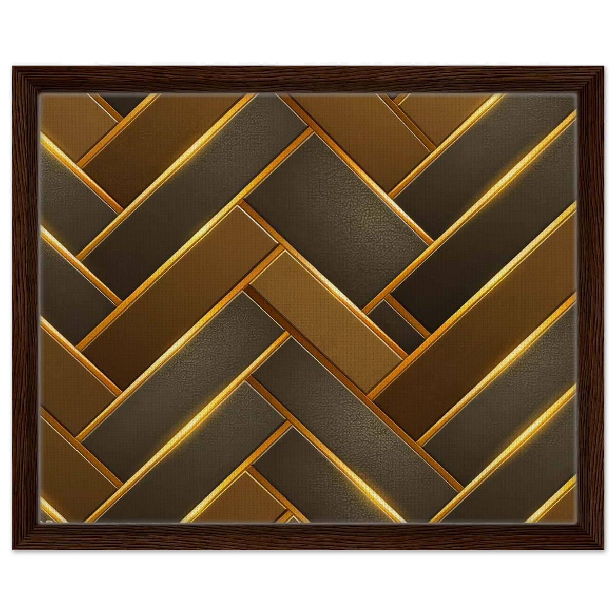 Framed wall art featuring a geometric herringbone pattern with alternating dark brown and metallic gold textured panels, enclosed in a dark brown wood frame.