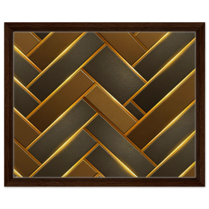 Framed wall art featuring a geometric herringbone pattern with alternating dark brown and metallic gold textured panels, enclosed in a dark brown wood frame.