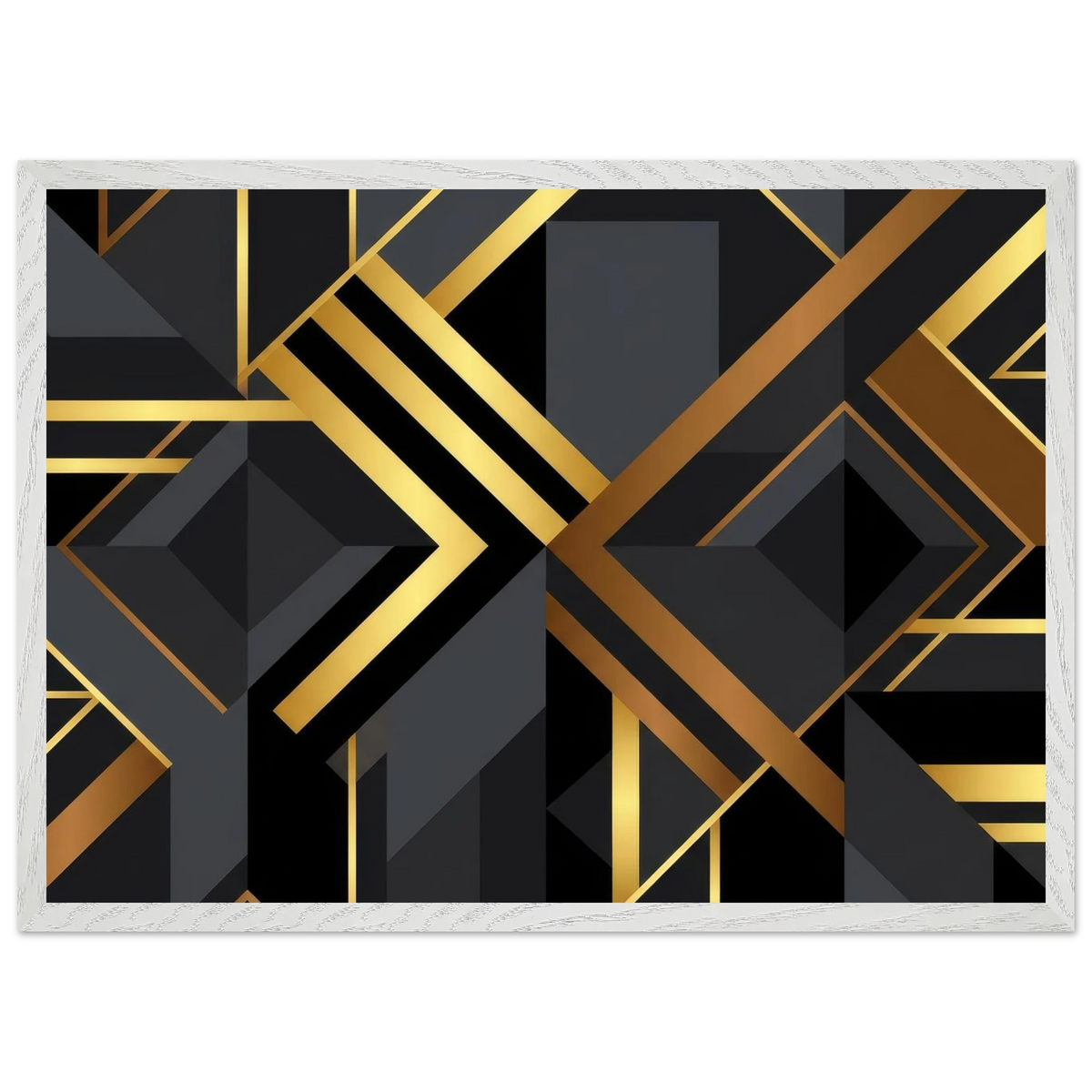 A rectangular area rug with a modern geometric art deco design in black and gold, featuring intersecting diagonal lines and diamond shapes, finished with a white braided border.