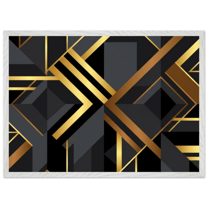 A rectangular area rug with a modern geometric art deco design in black and gold, featuring intersecting diagonal lines and diamond shapes, finished with a white braided border.