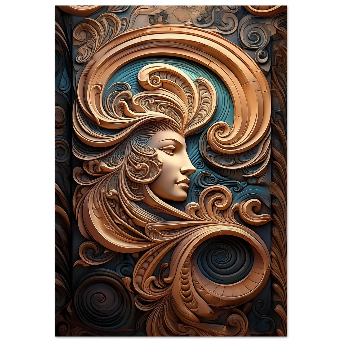 A side profile of a woman’s face integrated into intricate, swirling bronze architectural flourishes and scrolls.

