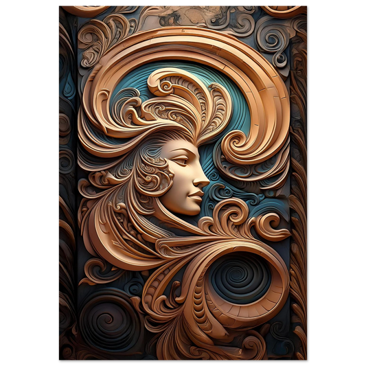 A side profile of a woman’s face integrated into intricate, swirling bronze architectural flourishes and scrolls.

