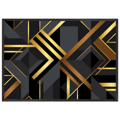 A framed abstract geometric art print featuring a modern Art Deco design with black, dark gray, and metallic gold intersecting lines and angular shapes, presented on a clean white background.