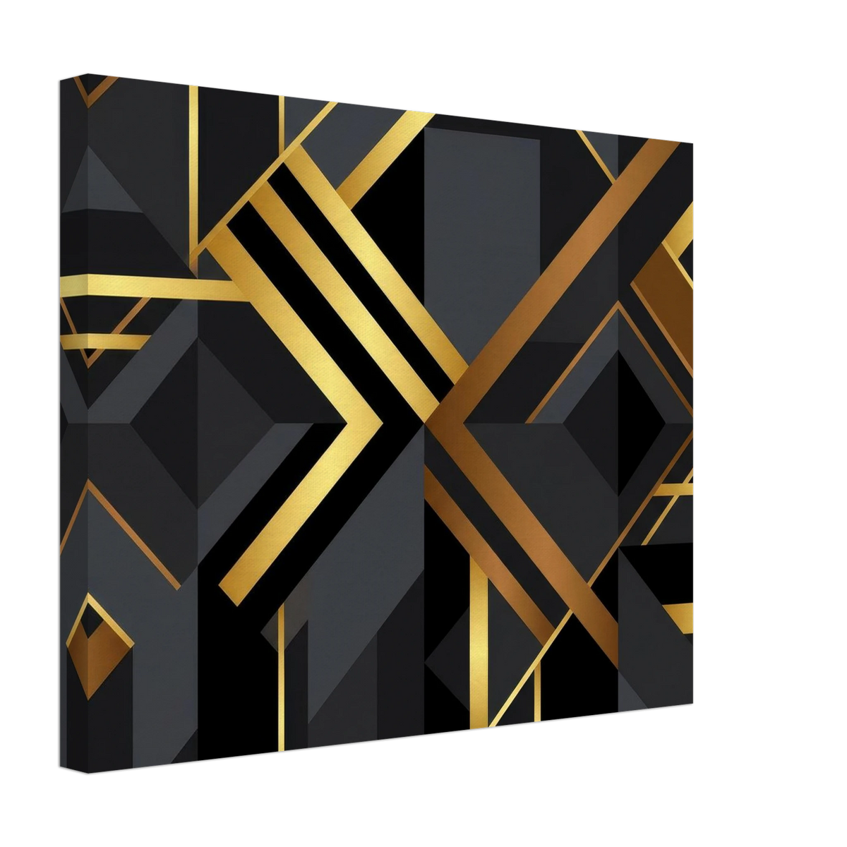 A square canvas wall art print featuring a modern geometric Art Deco design with black and gold abstract shapes, shown at an angle on a white background.