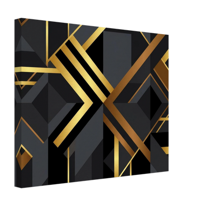 A square canvas wall art print featuring a modern geometric Art Deco design with black and gold abstract shapes, shown at an angle on a white background.