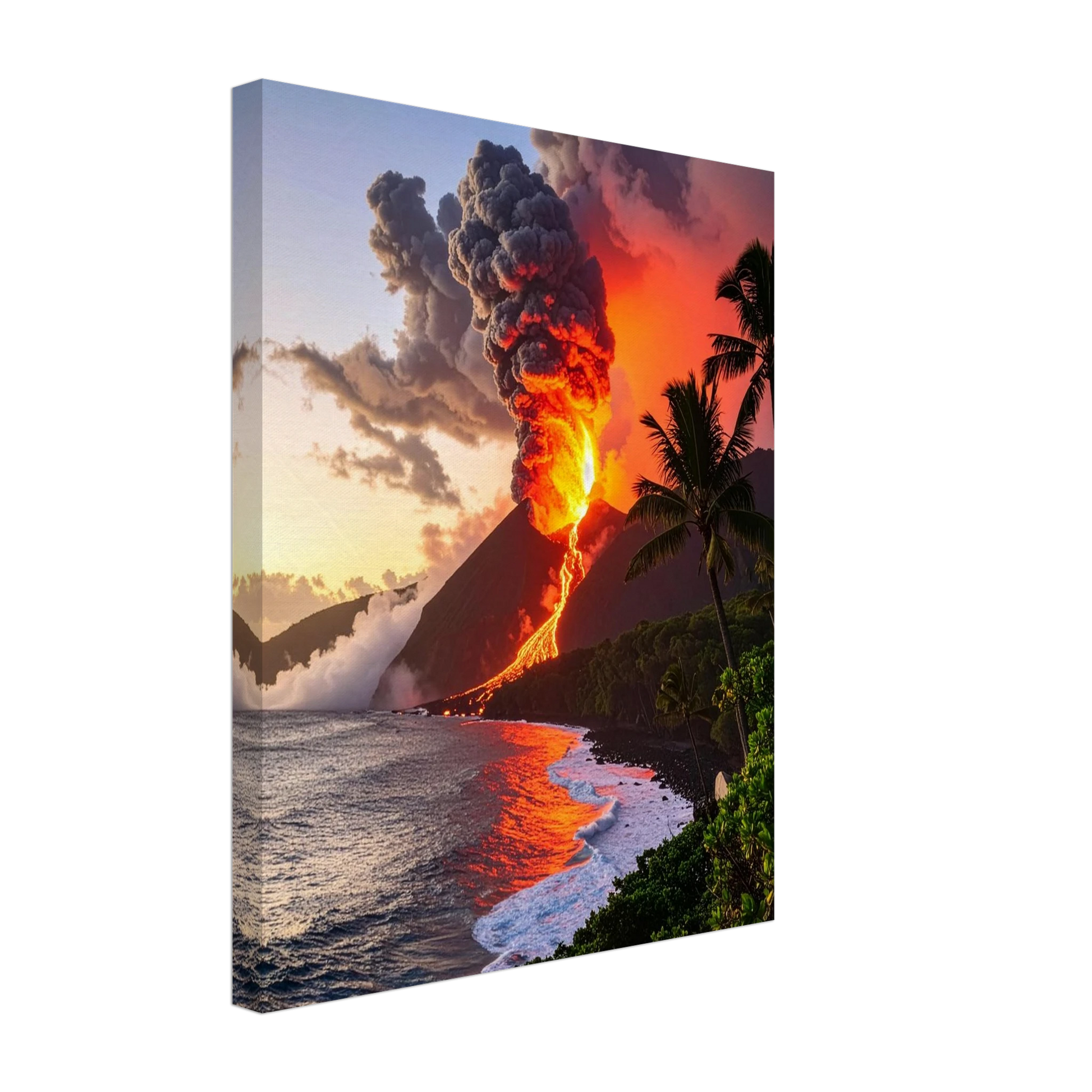 Canvas print of a volcanic eruption with lava flowing into the ocean and palm trees.