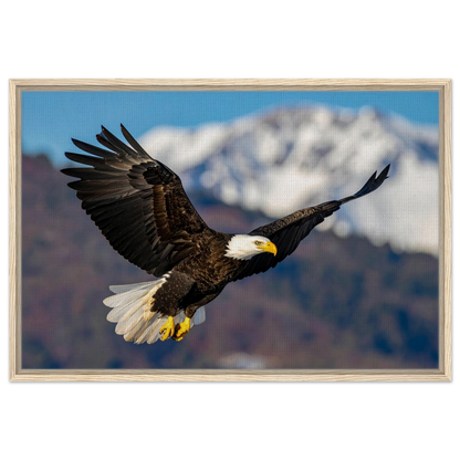 Majestic Soaring Bald Eagle Mountain Wall Art framed canvas in natural wood frame