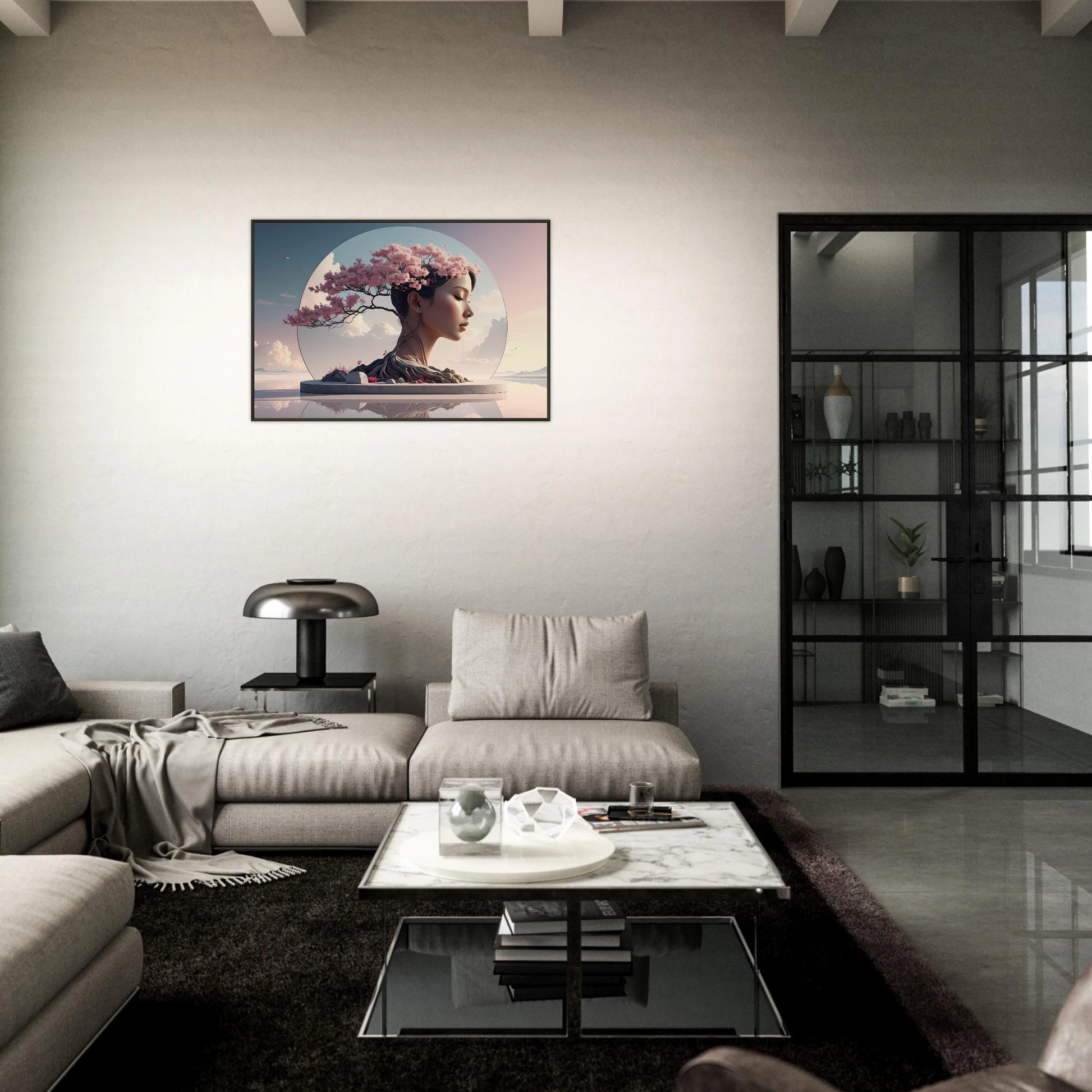 a artistic image of a woman with cherry blossoms ,sofa, 