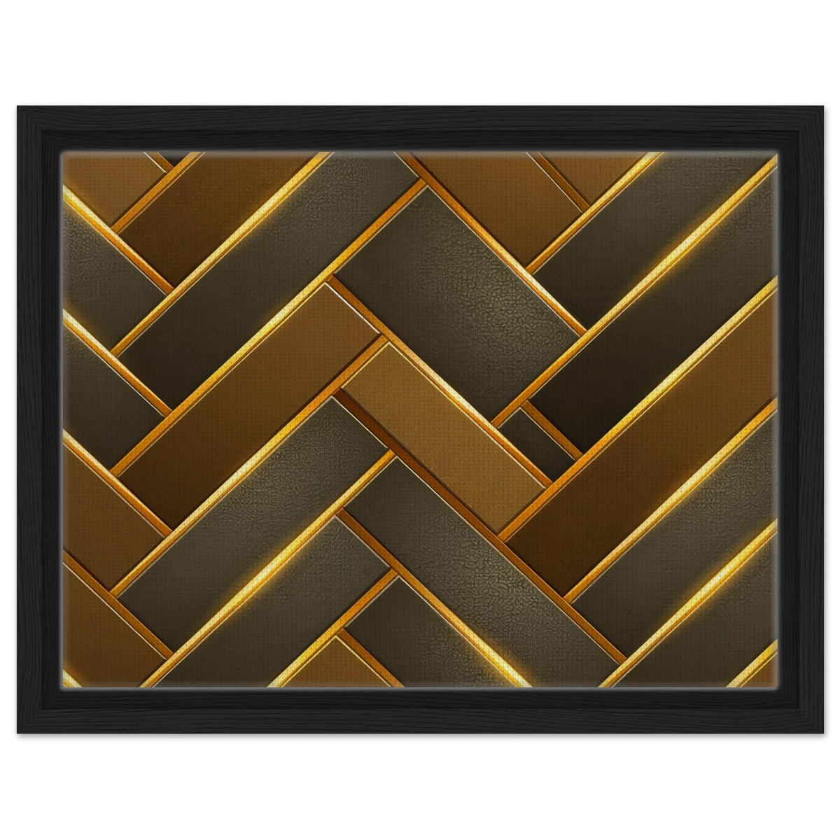 Framed wall art featuring a geometric herringbone pattern in metallic gold and dark brown tones, enclosed in a black frame against a white background.