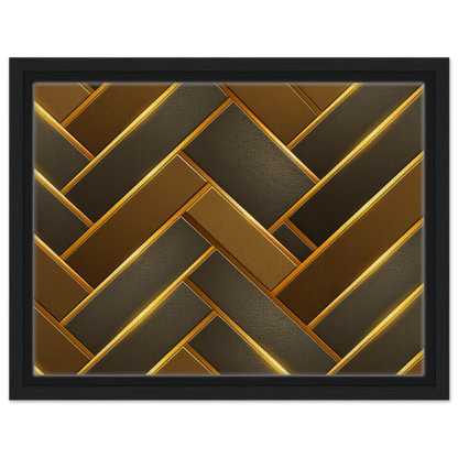 Framed wall art featuring a geometric herringbone pattern in metallic gold and dark brown tones, enclosed in a black frame against a white background.