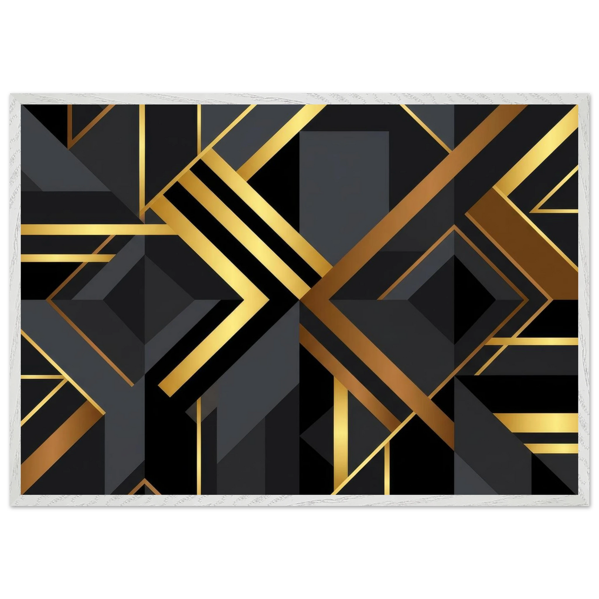 A rectangular area rug with a modern geometric art deco design featuring black and dark gray shapes outlined and accented by metallic gold lines, shown flat against a white background.