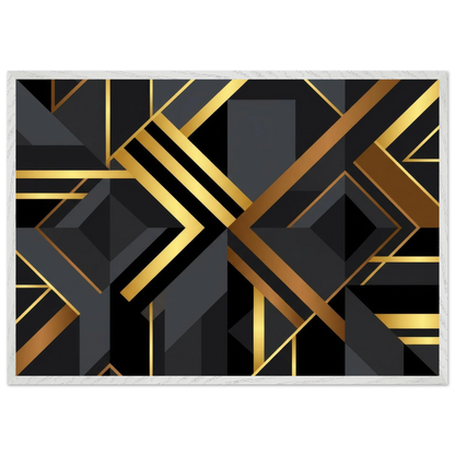 A rectangular area rug with a modern geometric art deco design featuring black and dark gray shapes outlined and accented by metallic gold lines, shown flat against a white background.