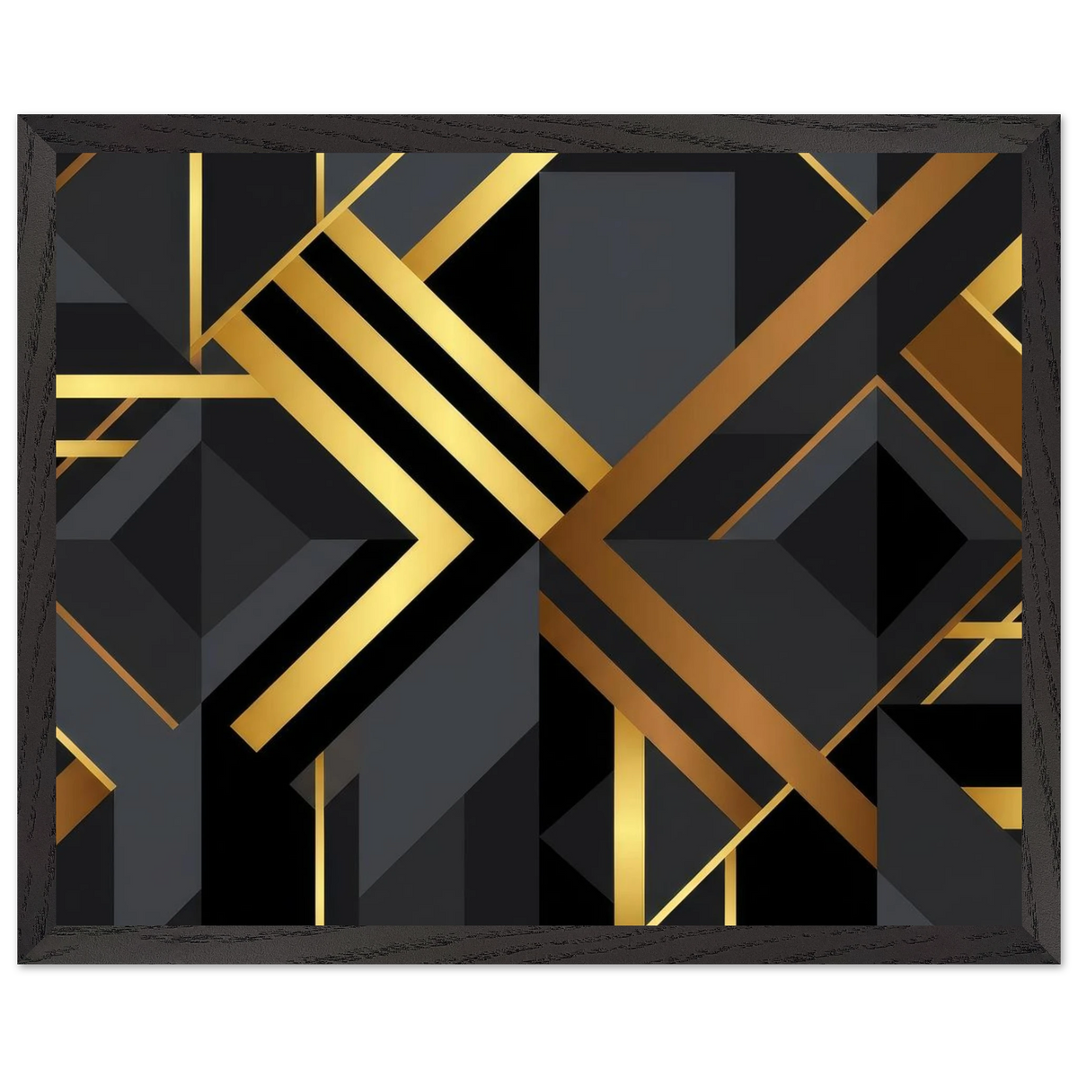 Framed abstract geometric wall art featuring bold metallic gold lines and dark charcoal black shapes, presented in a dark wood frame against a clean white background.