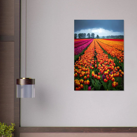 A wide field of vibrant red, yellow, and purple tulips glistening with raindrops under a soft, overcast spring sky.