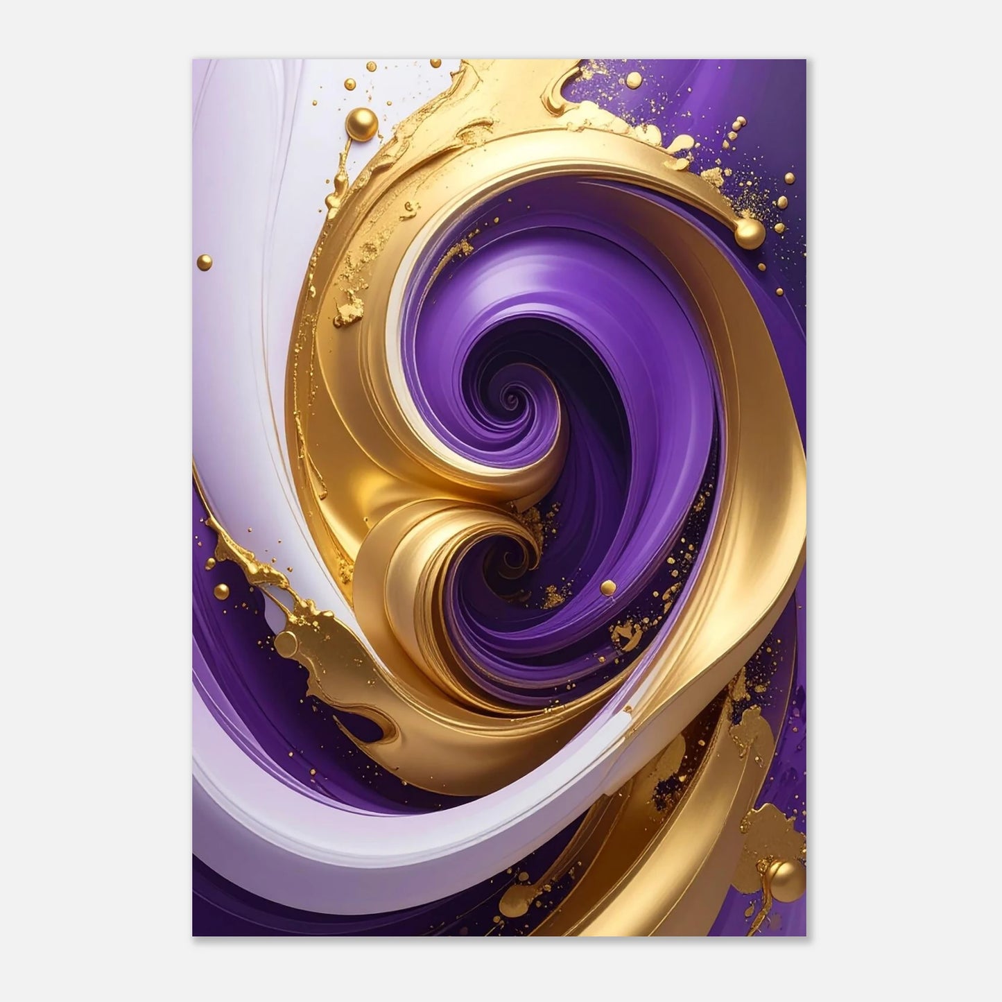 An abstract canvas design featuring an elegant double swirl pattern in rich gold, purple, and lavender tones.