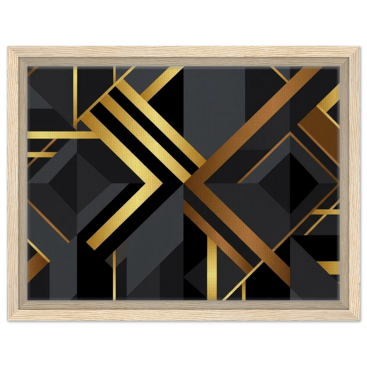 Framed abstract geometric wall art featuring a bold black and gold art deco pattern, enclosed in a light natural wood frame against a white background.
