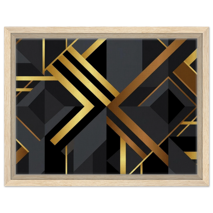 Framed abstract geometric wall art featuring a bold black and gold art deco pattern, enclosed in a light natural wood frame against a white background.