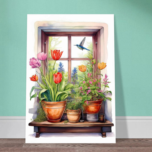 Watercolor illustration of a sunny windowsill with terracotta herb pots, tulips, and a hummingbird in the garden background.