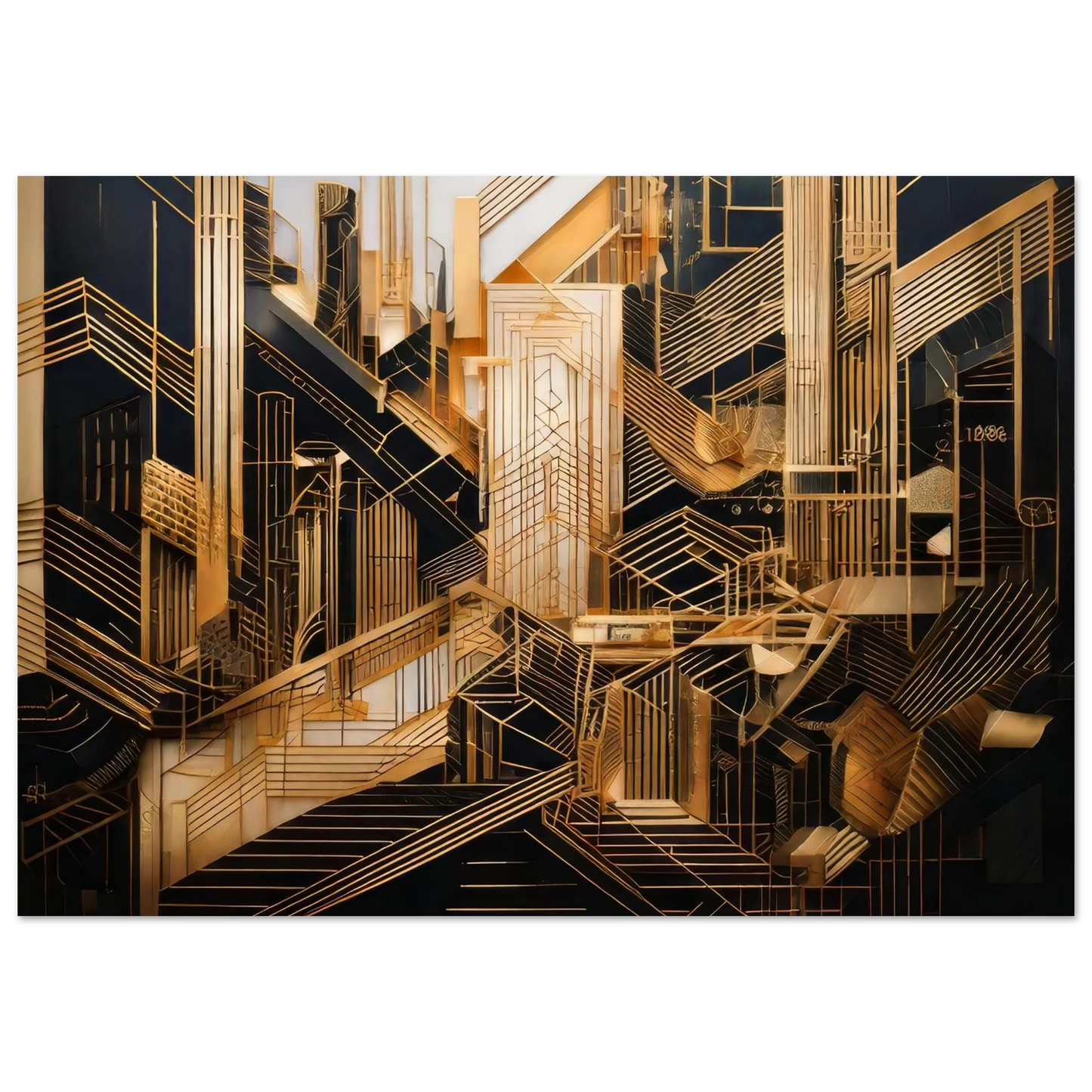 Flat front-facing view of a luxury modern abstract geometric composition with interlocking polished gold lines and structured velvet black shapes.