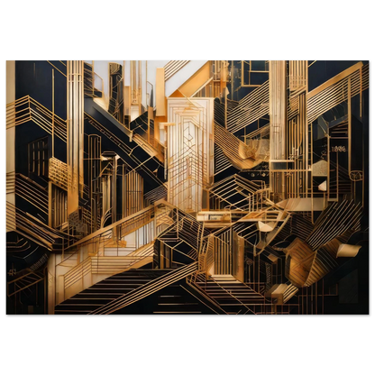 Flat front-facing view of a luxury modern abstract geometric composition with interlocking polished gold lines and structured velvet black shapes.