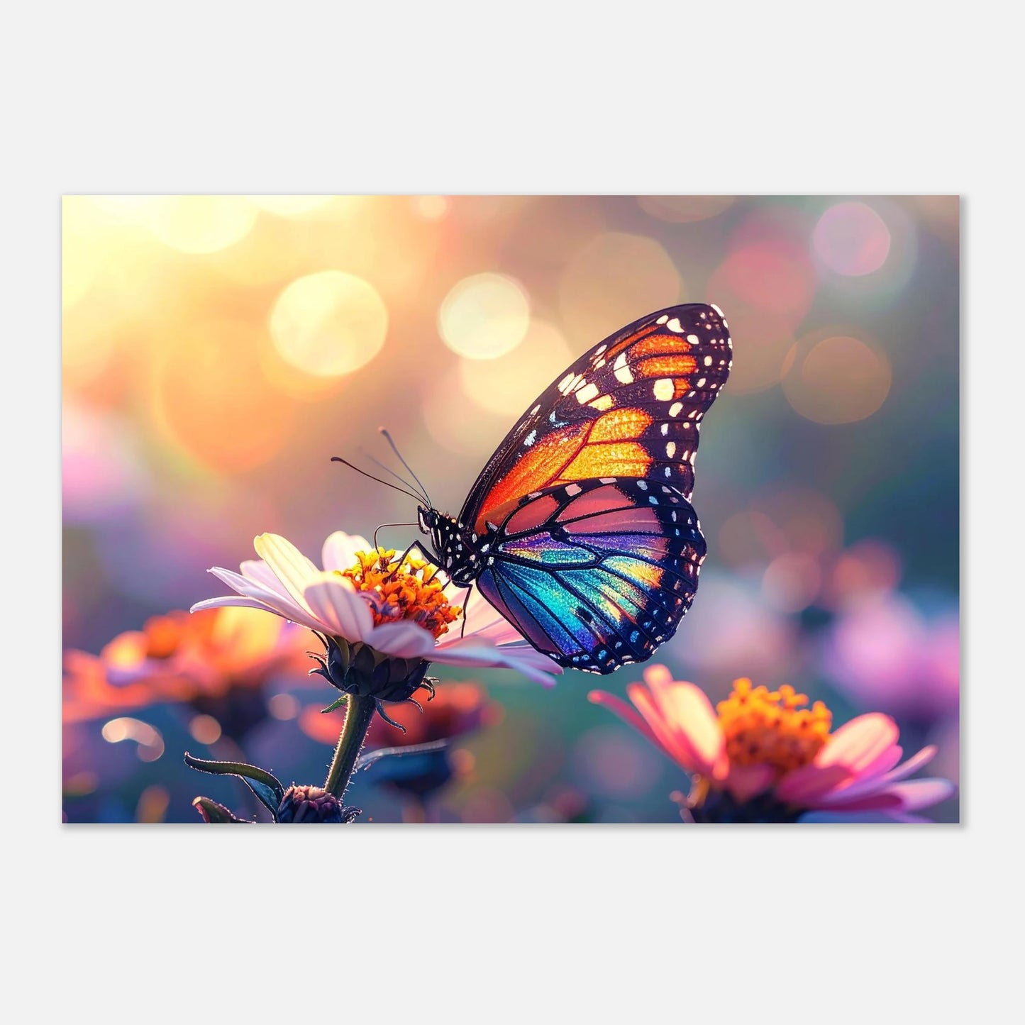 High-detail macro photography of an iridescent butterfly  on a flower, vibrant nature wall art.