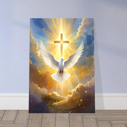 A white dove flying toward a glowing golden cross surrounded by clouds and divine light.