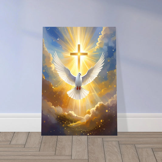 A white dove flying toward a glowing golden cross surrounded by clouds and divine light.