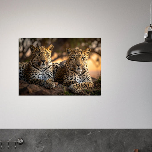 high-definition , realistic art piece featuring majestic leopards lounging in a lush, sun-drenched natural wilderness .