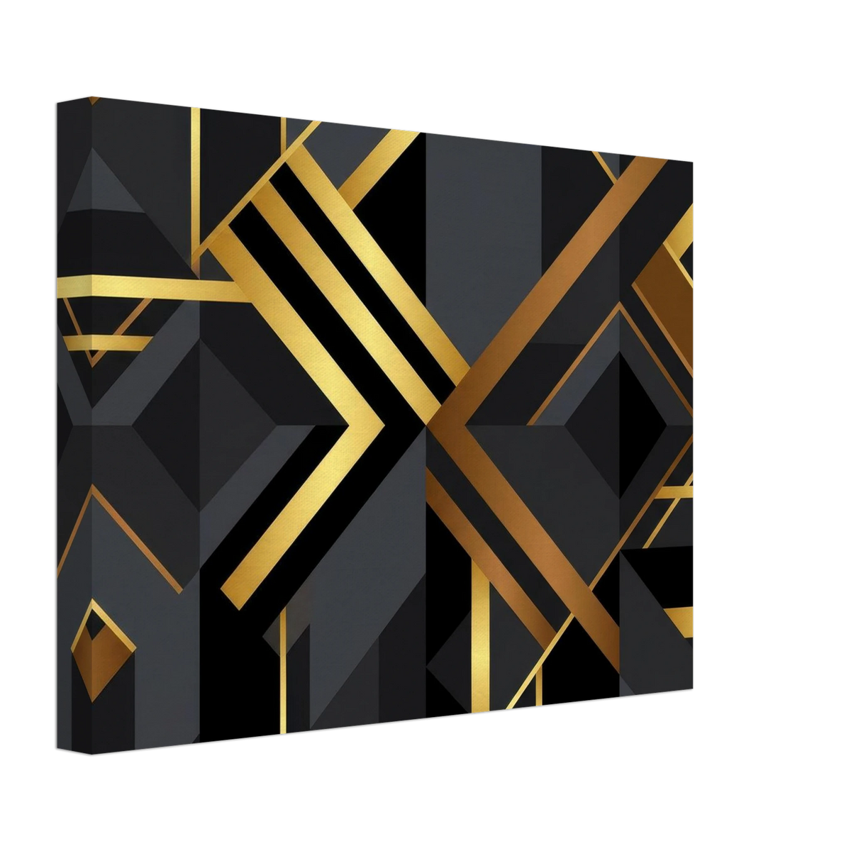 A square canvas wall art print featuring a modern geometric Art Deco design with black and gold abstract shapes, shown at an angle on a white background.