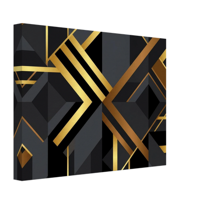 A square canvas wall art print featuring a modern geometric Art Deco design with black and gold abstract shapes, shown at an angle on a white background.