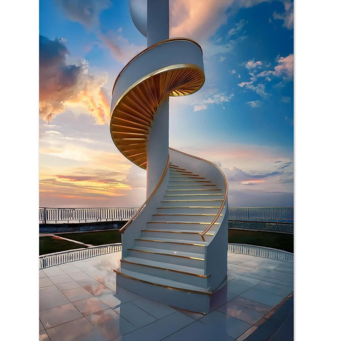 A modern white spiral staircase with gold trim ascending toward a beautiful blue and orange sunset sky with light clouds.