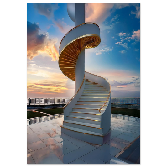A modern white spiral staircase with gold trim ascending toward a beautiful blue and orange sunset sky with light clouds.