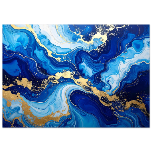 A textured abstract canvas art print in royal blue with elegant gold accents for a high-end look.