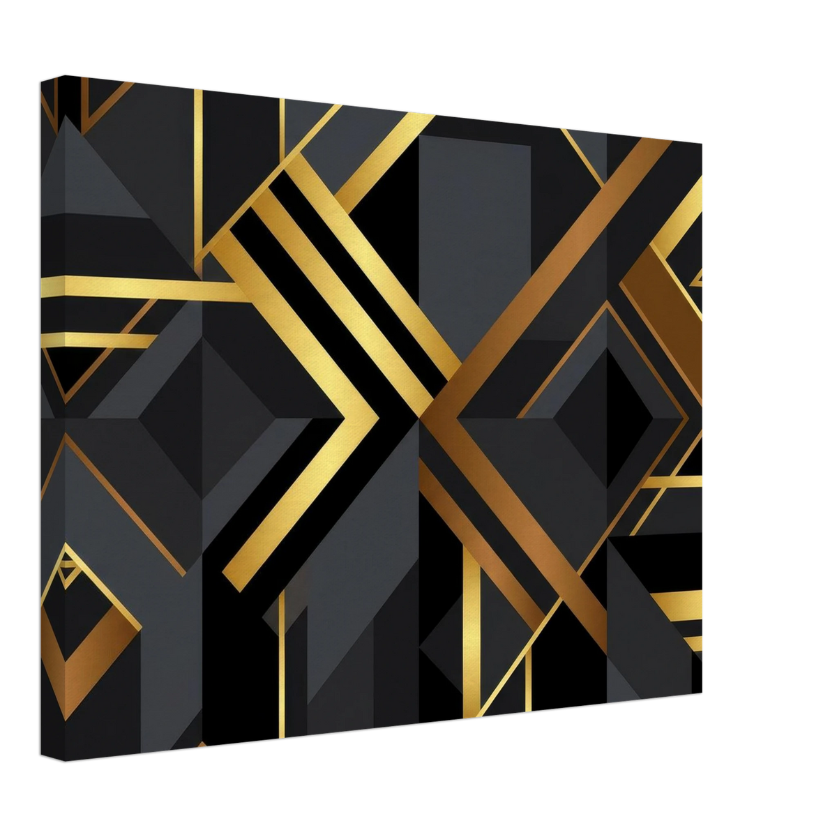 A square canvas wall art print featuring a modern geometric Art Deco design with black and dark gray shapes outlined and accented by metallic gold lines, shown at a three-quarter angle on a white background.