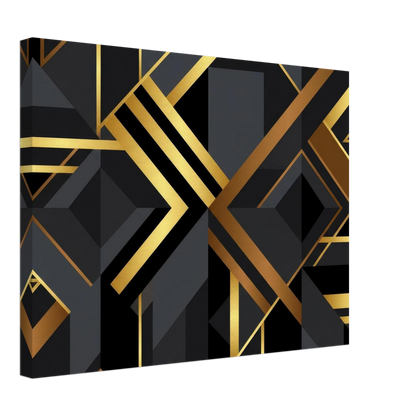 A square canvas wall art print featuring a modern geometric Art Deco design with black and dark gray shapes outlined and accented by metallic gold lines, shown at a three-quarter angle on a white background.