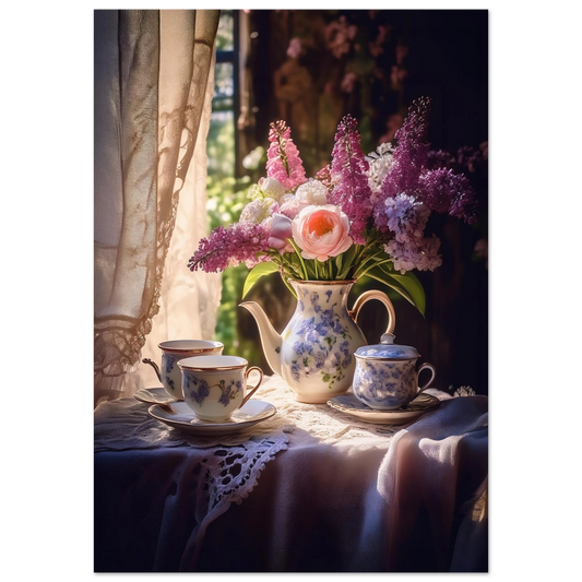 A vintage tea set on a lace tablecloth next to a vase of purple lilacs and tulips in a sunlit cottage kitchen.