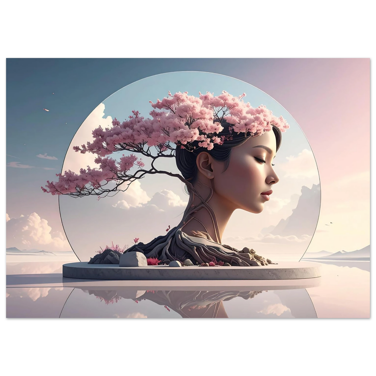 Artistic depiction of a woman with cherry blossom hair against a scenic background