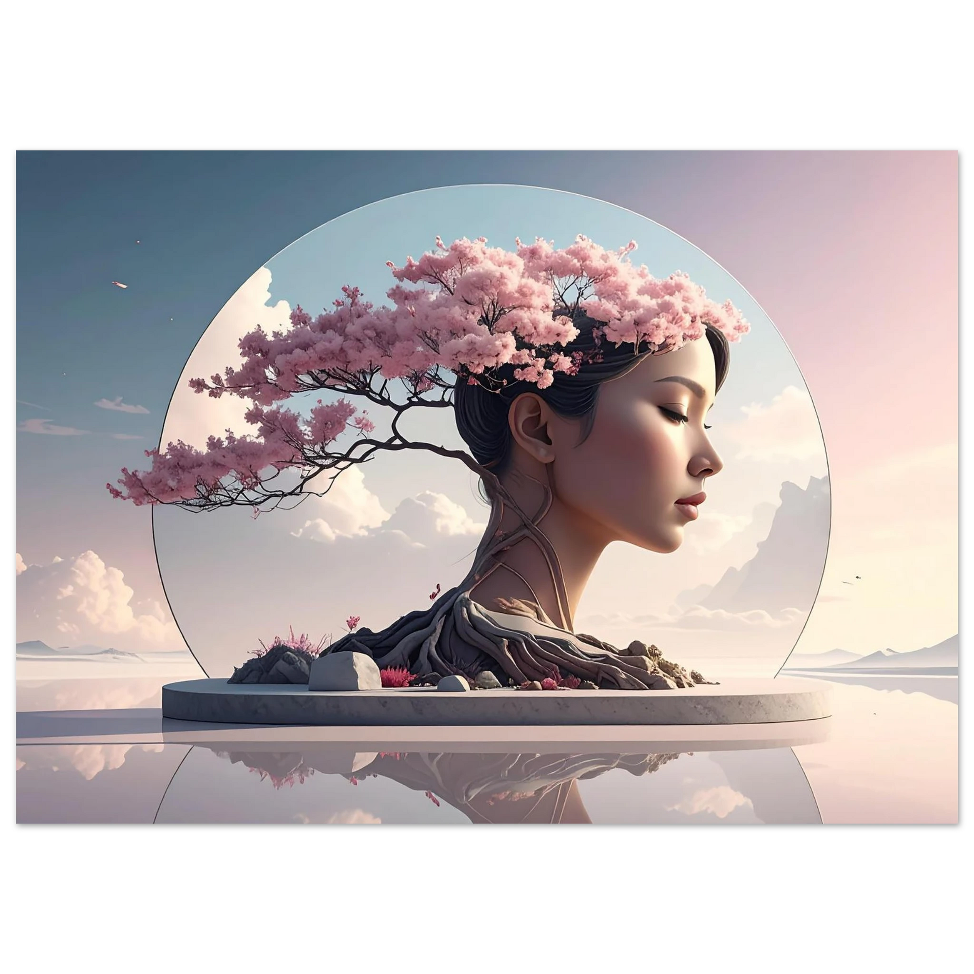 Artistic depiction of a woman with cherry blossom hair against a scenic background