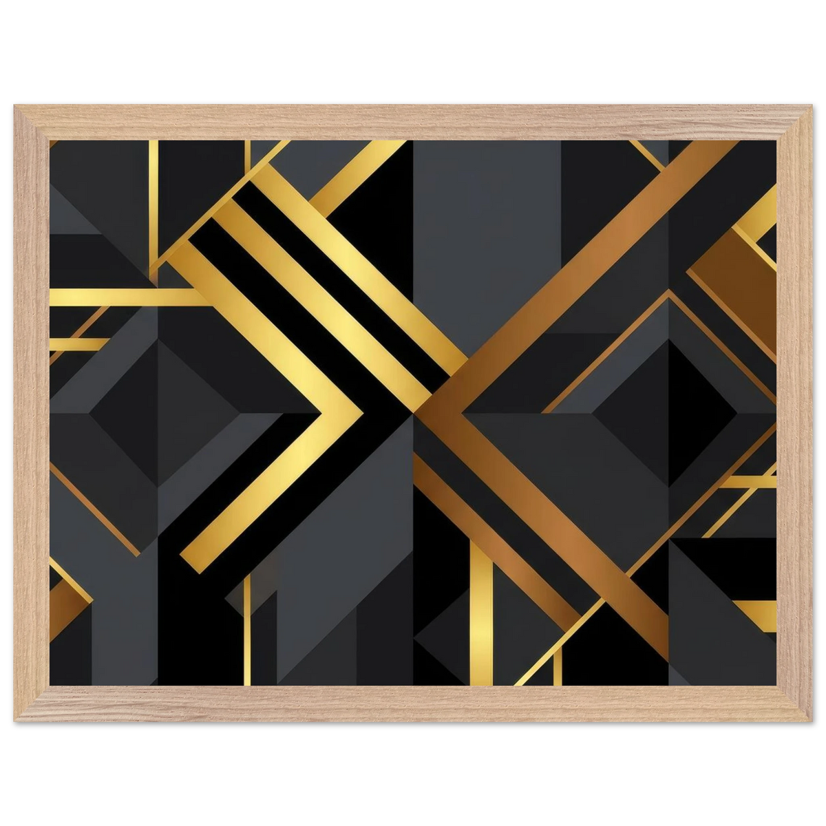 Framed wall art featuring a modern geometric abstract design with black and dark gray faceted shapes and metallic gold lines, set in a light natural wood frame against a white background.