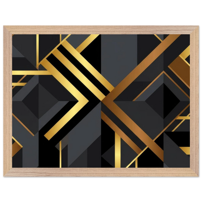 Framed wall art featuring a modern geometric abstract design with black and dark gray faceted shapes and metallic gold lines, set in a light natural wood frame against a white background.