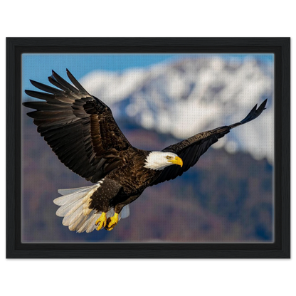 Majestic Soaring Bald Eagle Mountain Wall Art framed canvas in black frame