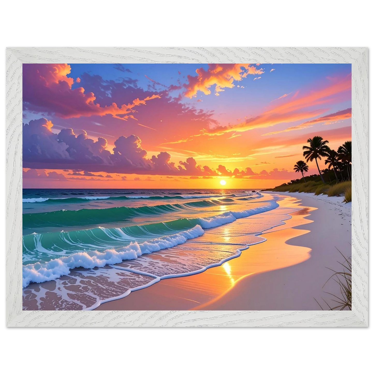 Beach scene with sunset, palm trees, and ocean waves in a white frame.